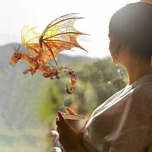Burnt Orange Dragon Suncatcher - Fantasy Flying Dragon Acrylic 20x20cm