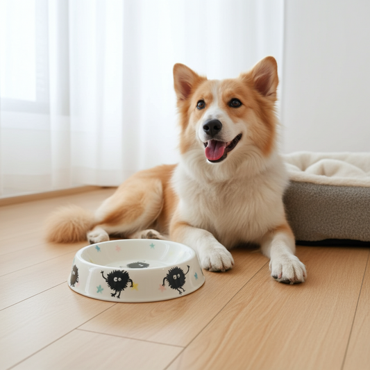 Dog lying on a wooden floor next to a patterned dog bowl.
