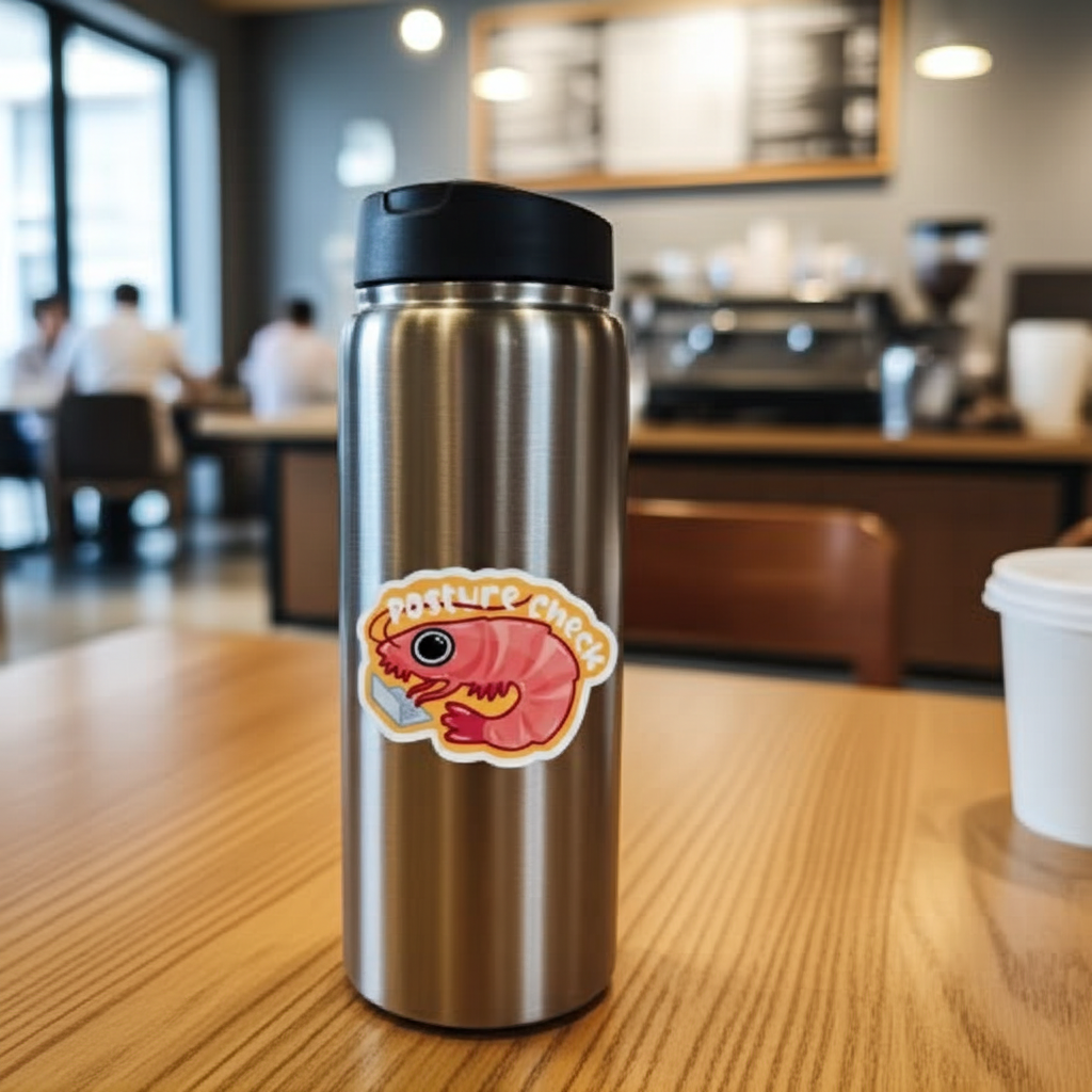Stainless steel tumbler with a sticker on a wooden table in a coffee shop.