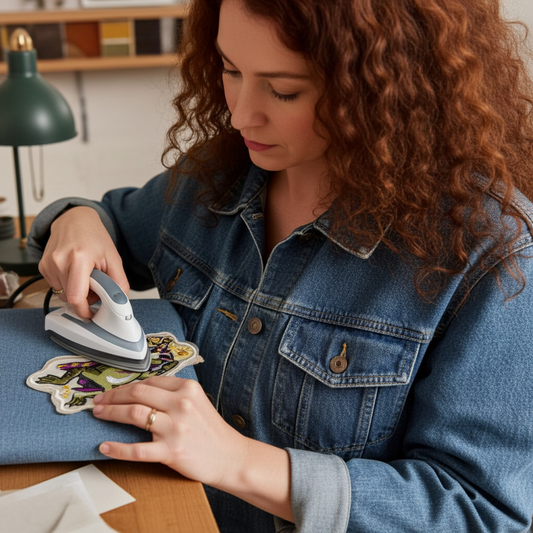 Woman ironing a decorative item on a table with a lamp in the background