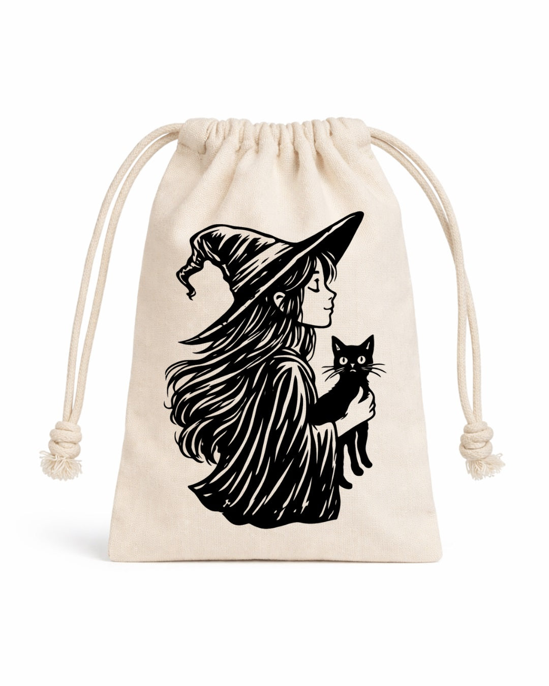 Hand-Printed Witch and Cat Dice Bag