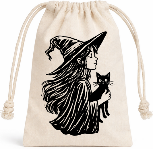 Hand-Printed Witch and Cat Dice Bag