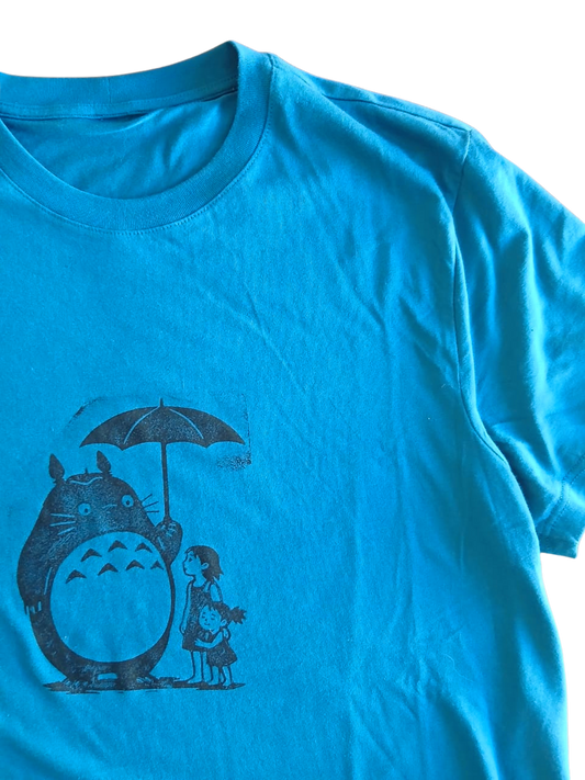 Blue Hand-Printed Totoro-Inspired T-Shirt – Block Print Fan Art Tee