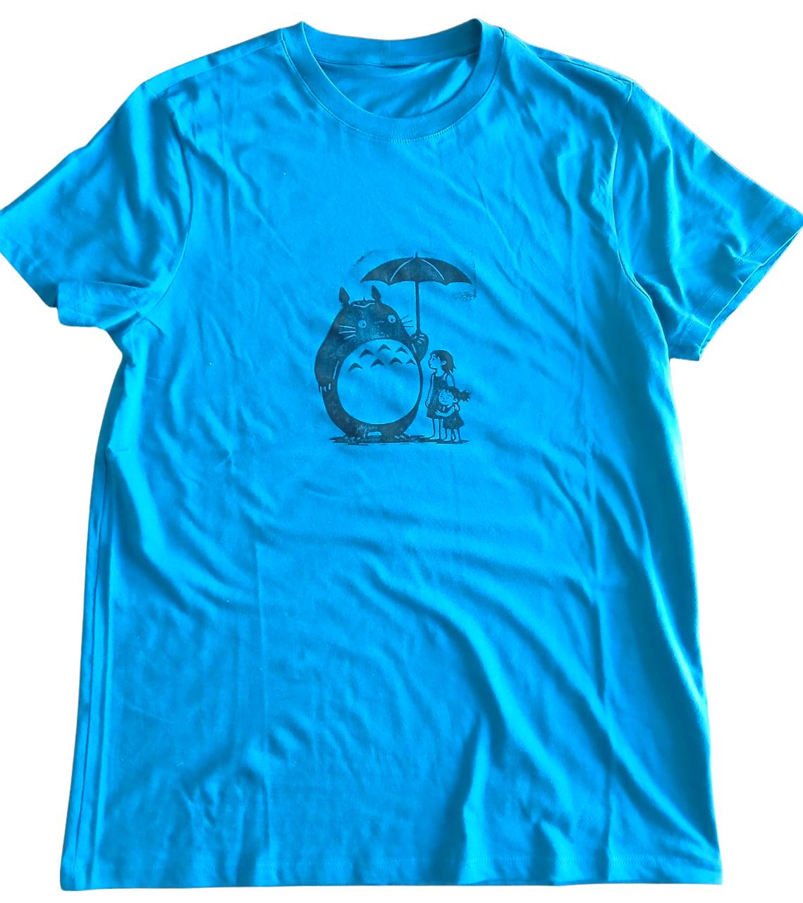 Blue Hand-Printed Totoro-Inspired T-Shirt – Block Print Fan Art Tee