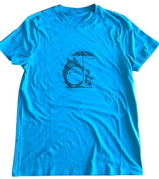 Blue Hand-Printed Totoro-Inspired T-Shirt – Block Print Fan Art Tee