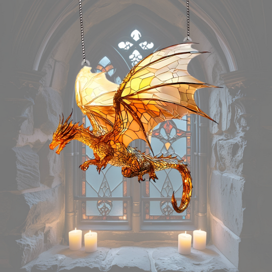 Burnt Orange Dragon Suncatcher - Fantasy Flying Dragon Acrylic 20x20cm