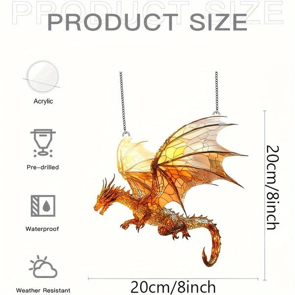 Burnt Orange Dragon Suncatcher - Fantasy Flying Dragon Acrylic 20x20cm