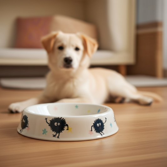 Dog lying on the floor with a decorative pet bowl in front of it