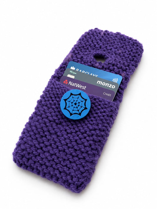Handmade Purple Knit Card Holder with Blue Spiderweb Button