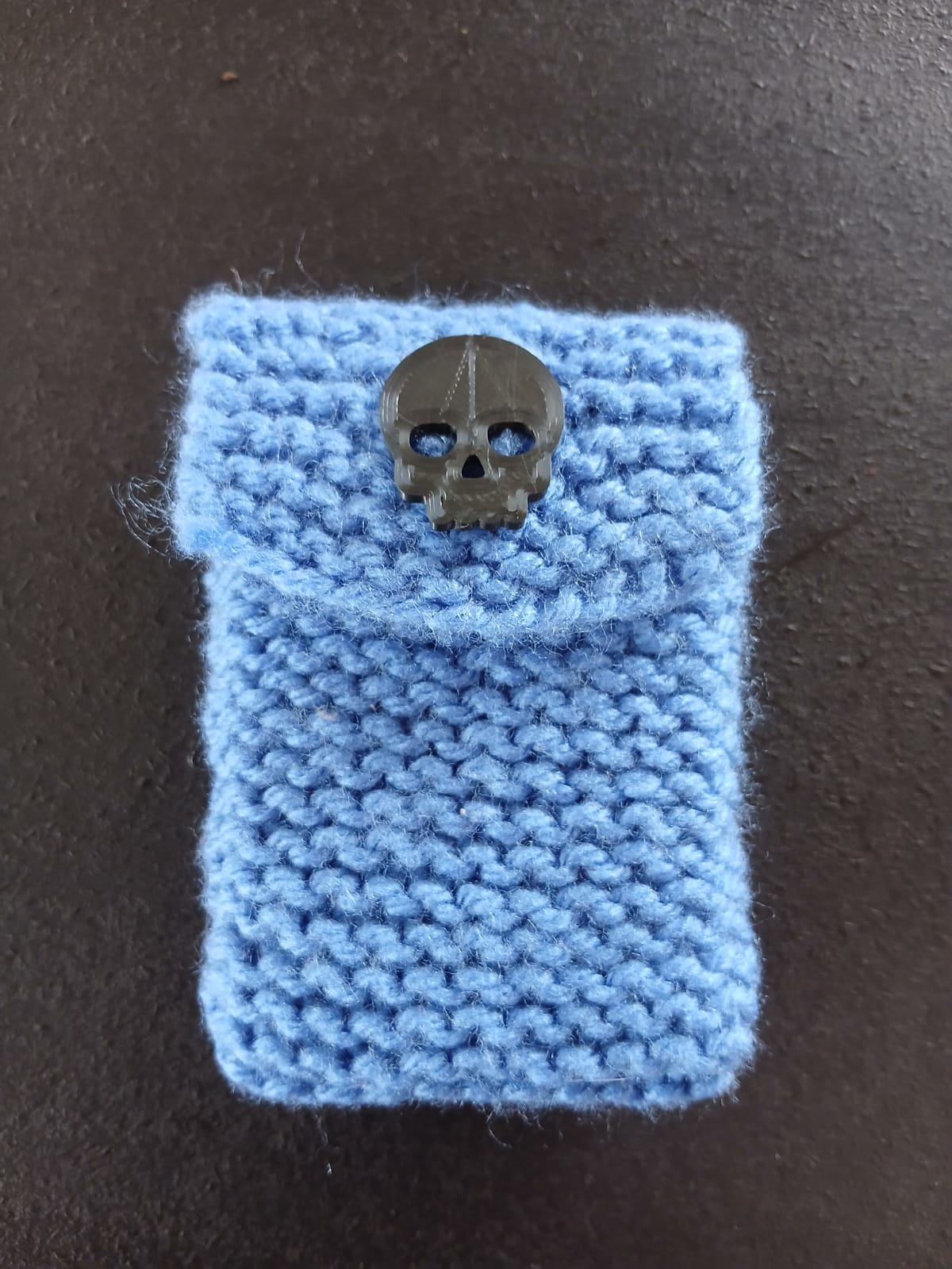 Hand Knitted Blue Pouch with Skull Button Closure