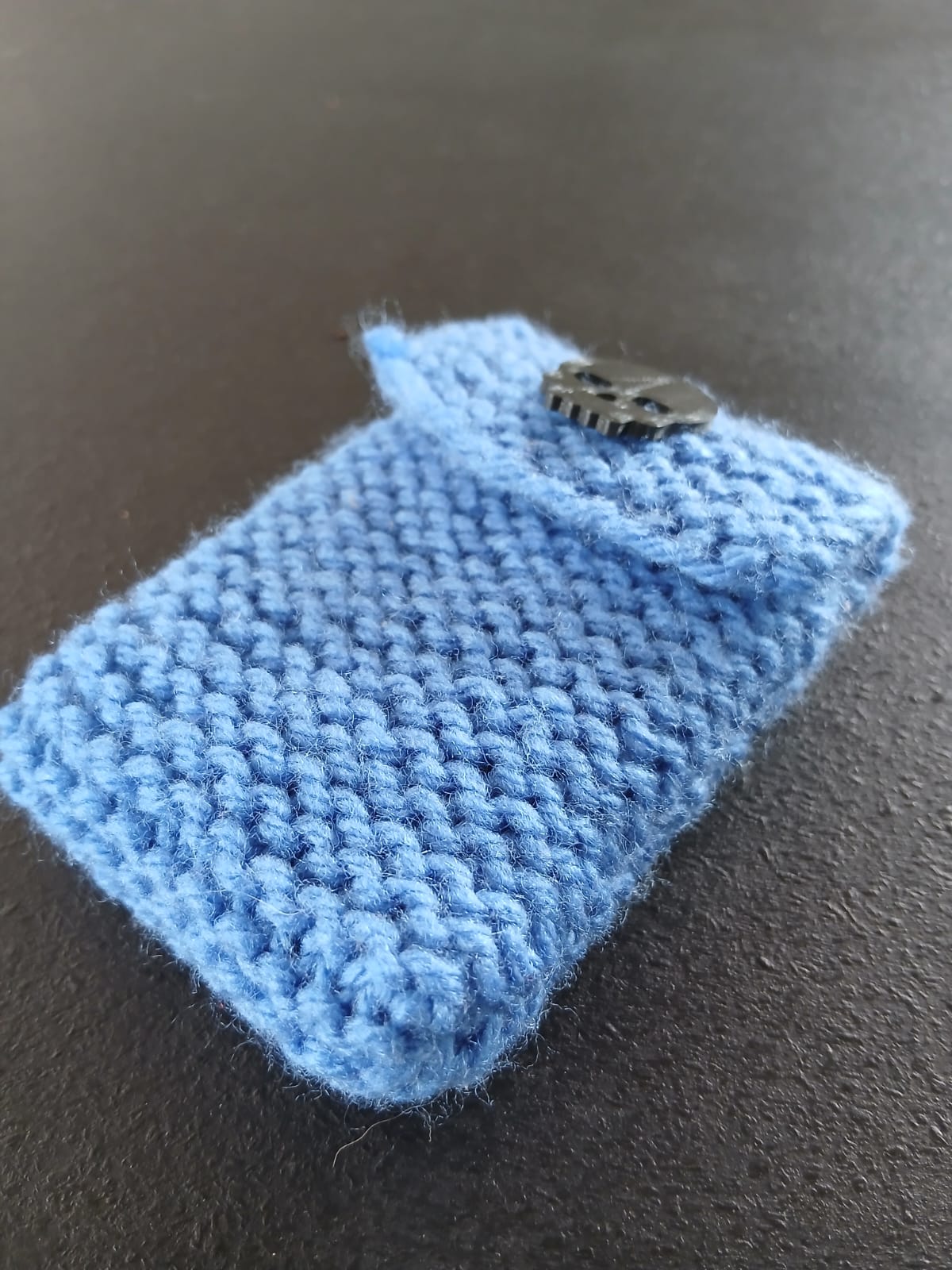 Hand Knitted Blue Pouch with Skull Button Closure