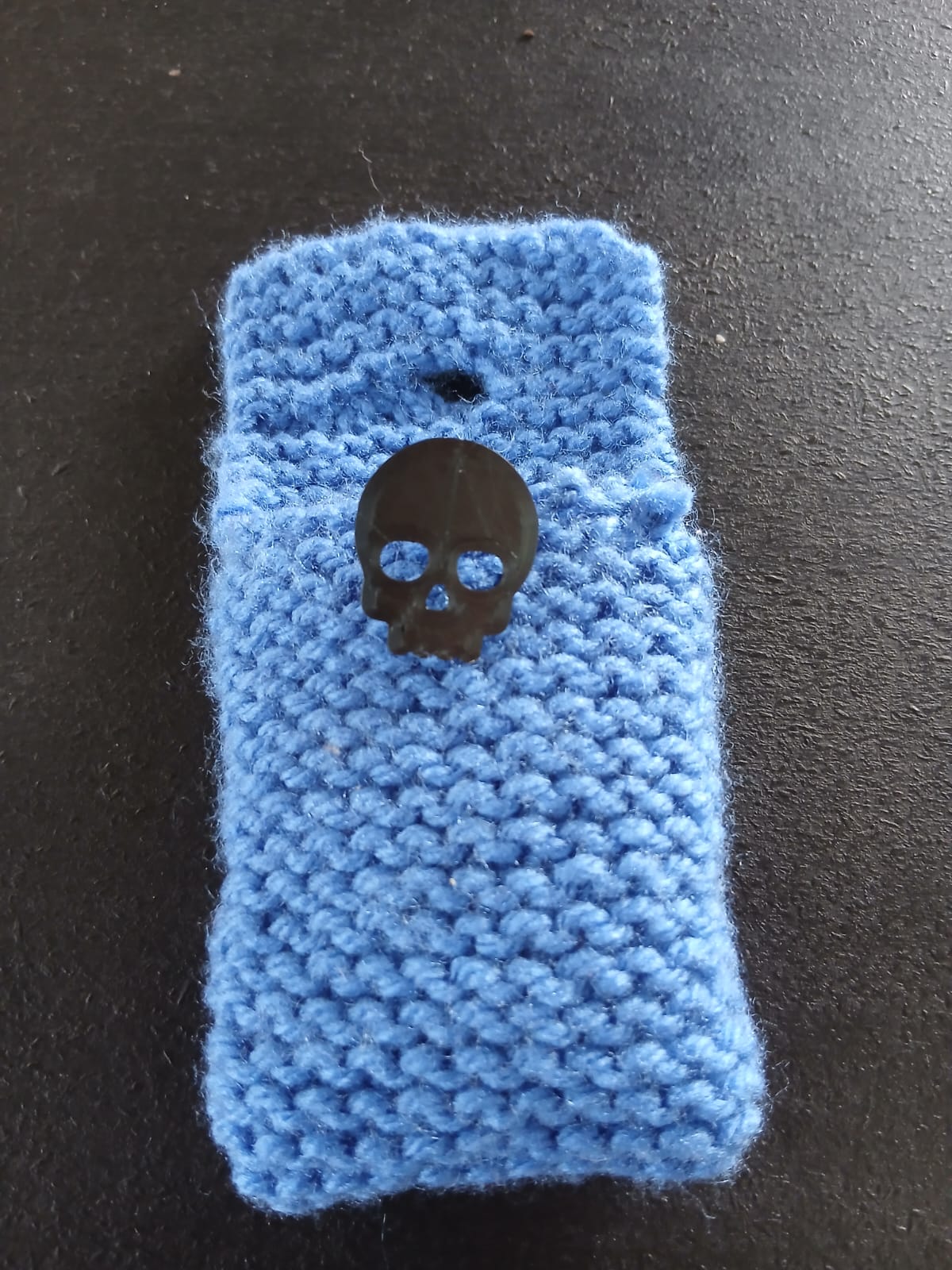 Hand Knitted Blue Pouch with Skull Button Closure