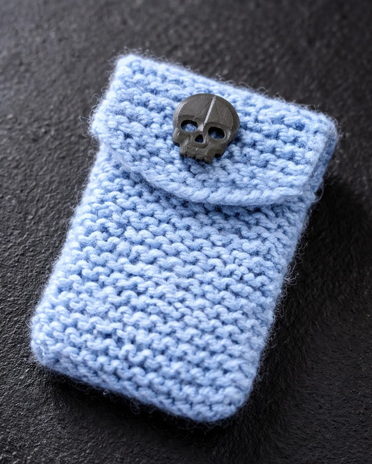 Hand Knitted Blue Pouch with Skull Button Closure