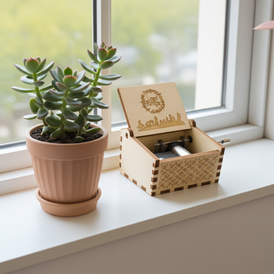 Wooden music box with a plant on a windowsill