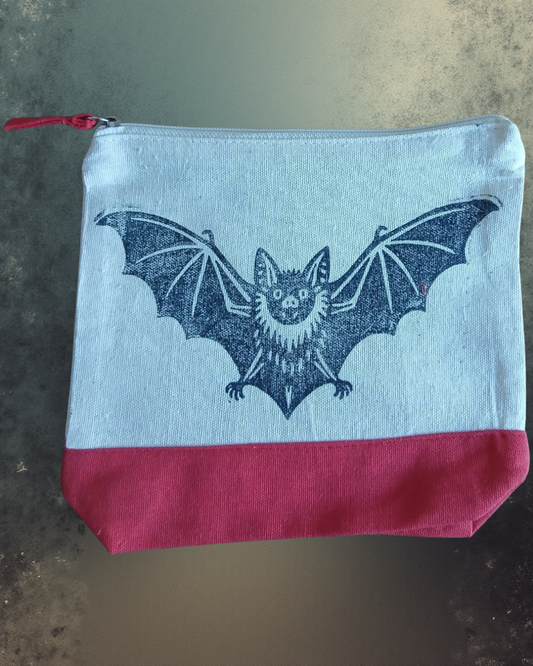 Hand-Printed Bat Cosmetic Bag Red