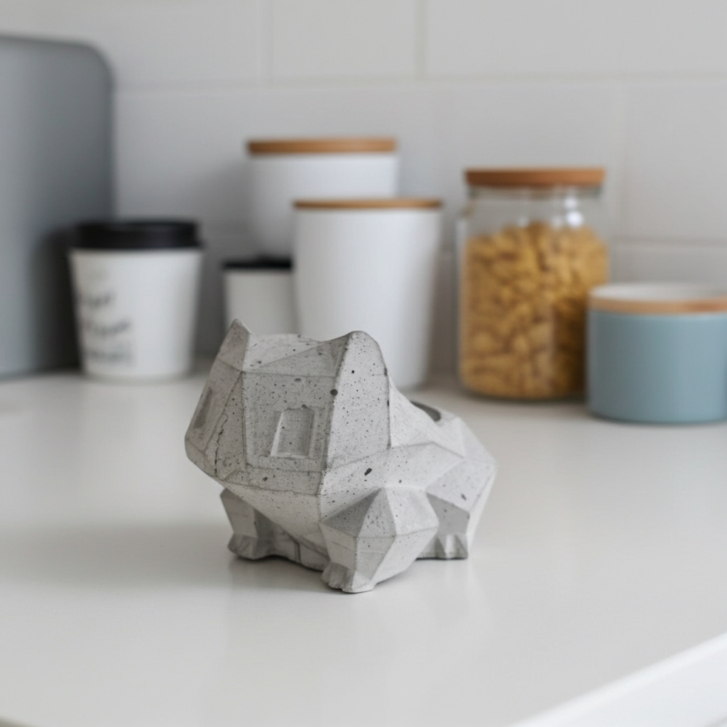 Concrete pokemon-themed planter pot on a kitchen counter with jars in the background