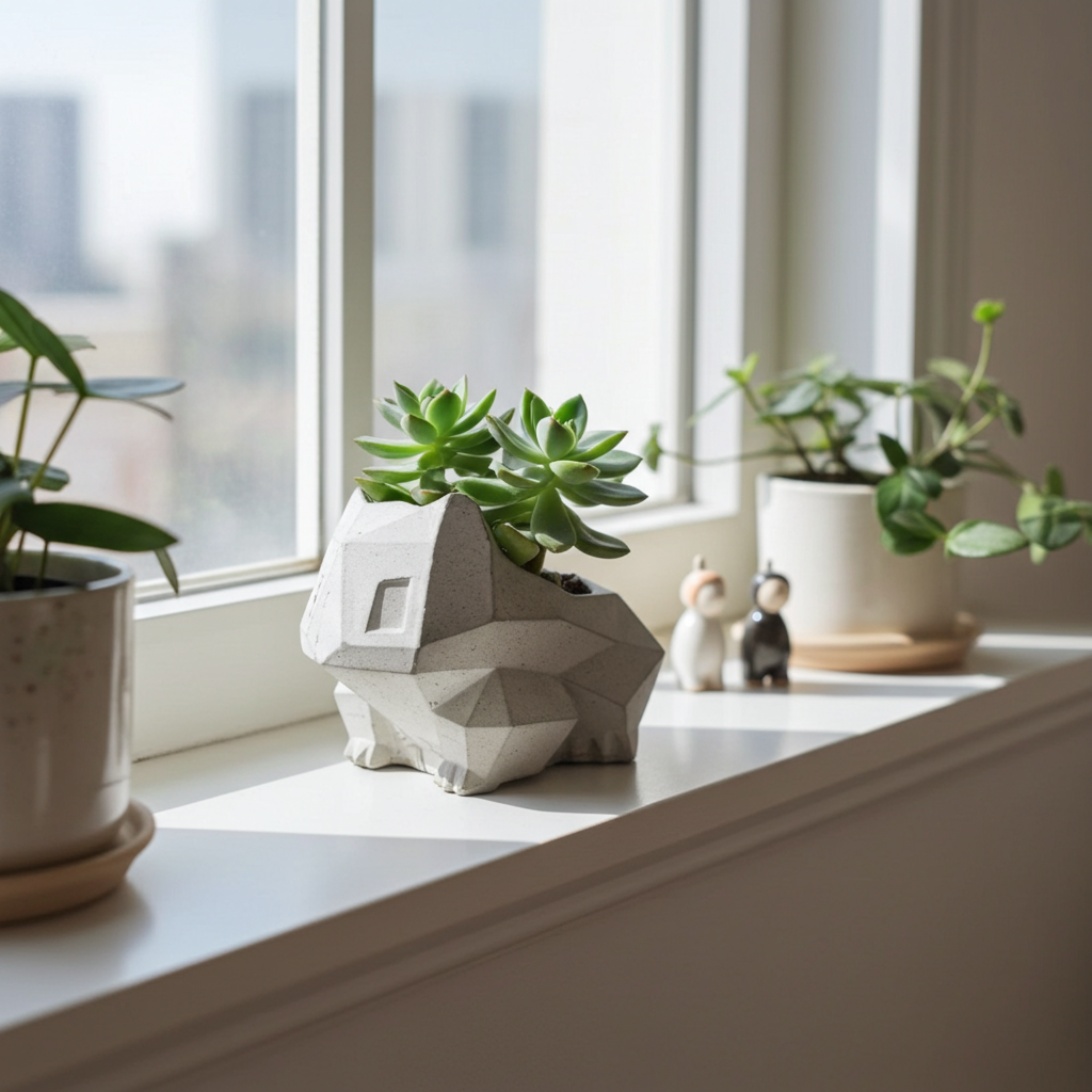 Geometric plant pot with succulent on a windowsill with other plants and decor.