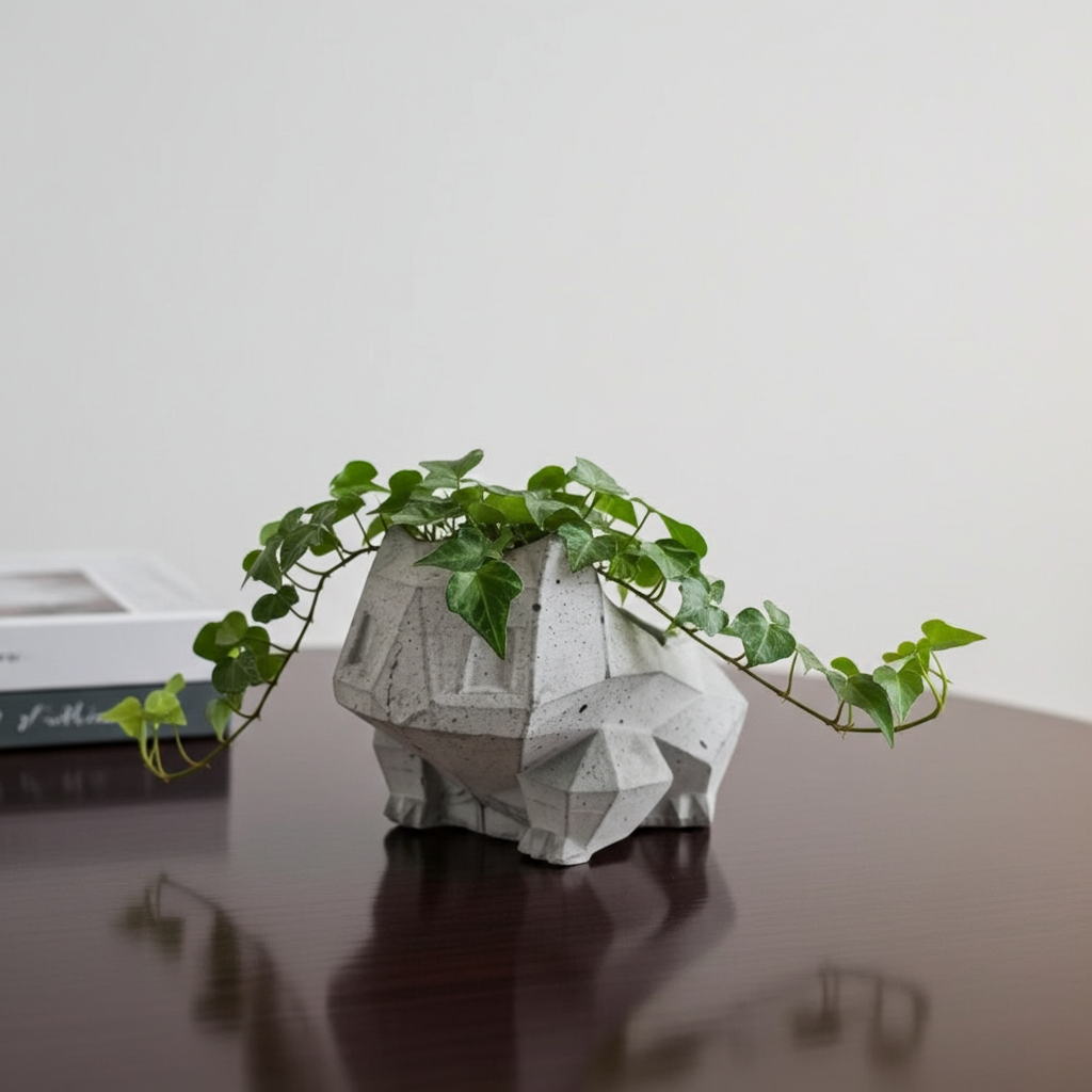 Geometric concrete planter with a plant on a reflective surface