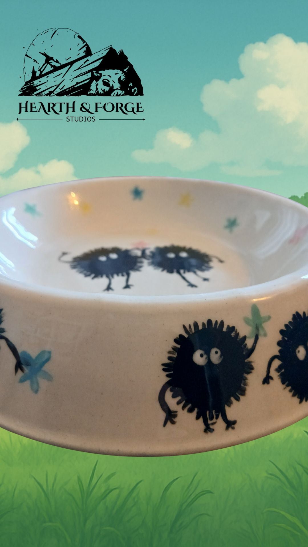 Studio Ghibli Inspired Soot Sprite Ceramic Dog Bowl – Cute Pet Dish by Hearth & Forge