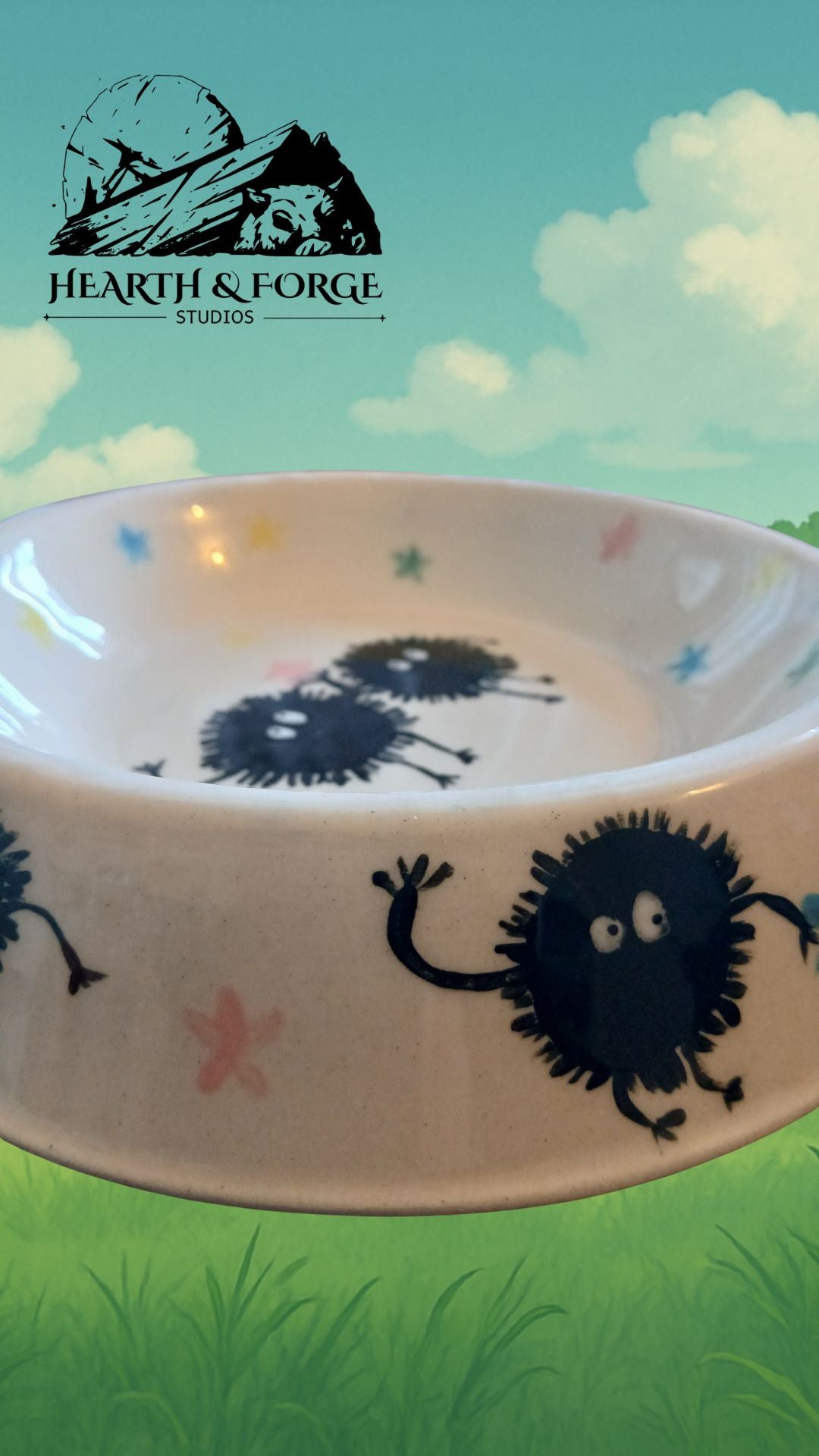 Studio Ghibli Inspired Soot Sprite Ceramic Dog Bowl – Cute Pet Dish by Hearth & Forge