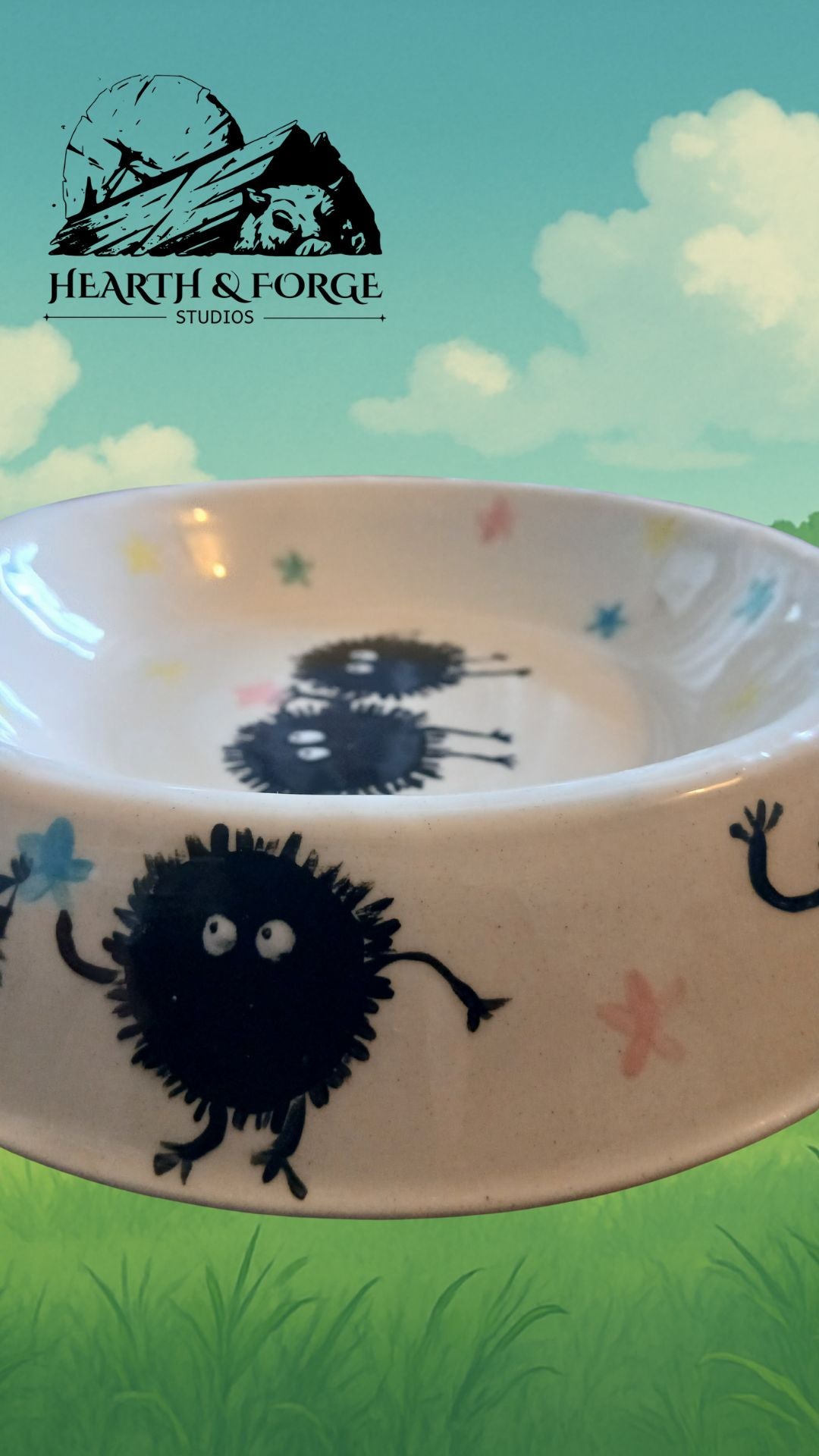 Studio Ghibli Inspired Soot Sprite Ceramic Dog Bowl – Cute Pet Dish by Hearth & Forge