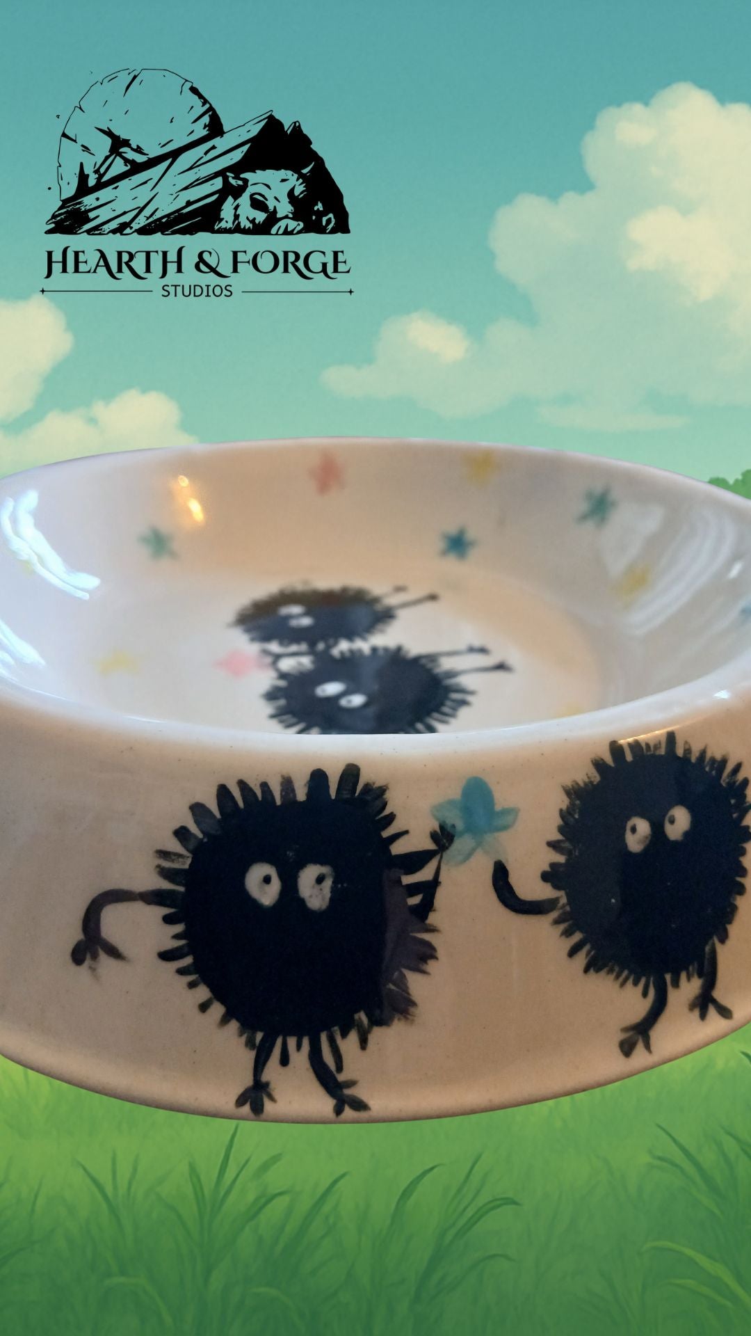 Studio Ghibli Inspired Soot Sprite Ceramic Dog Bowl – Cute Pet Dish by Hearth & Forge