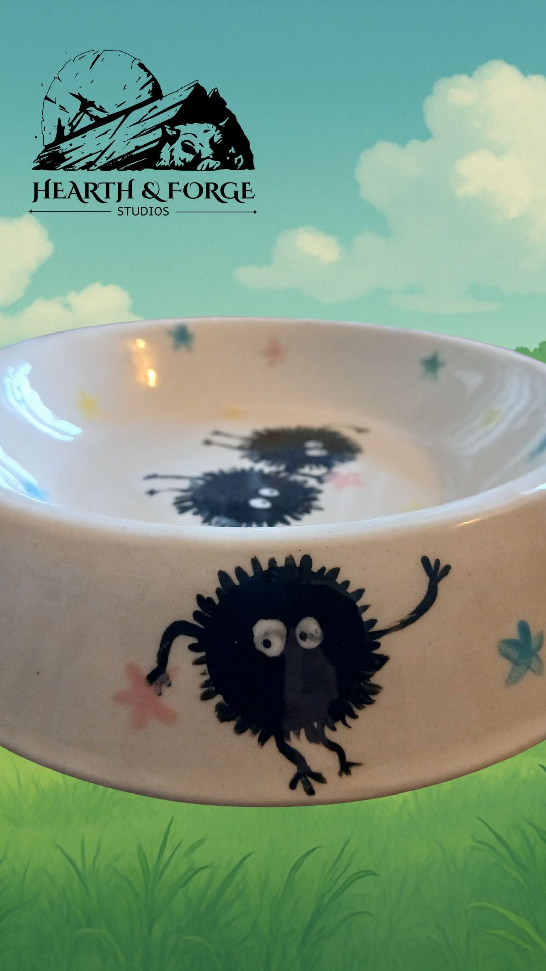 Studio Ghibli Inspired Soot Sprite Ceramic Dog Bowl – Cute Pet Dish by Hearth & Forge