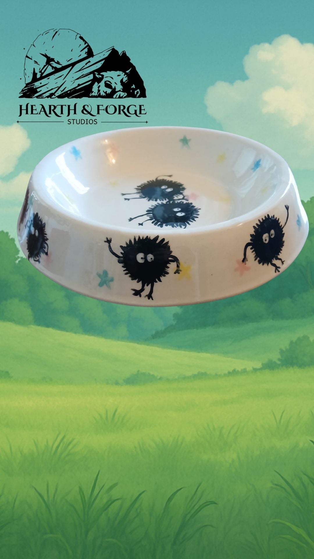 Studio Ghibli Inspired Soot Sprite Ceramic Dog Bowl – Cute Pet Dish by Hearth & Forge