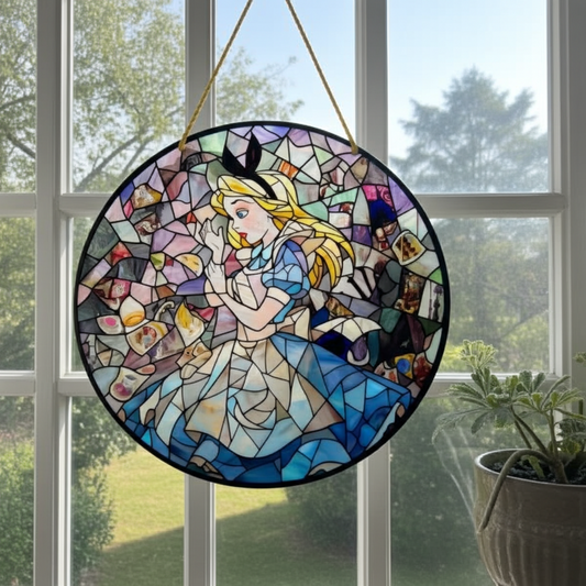 Stained glass window hanging with a character design, hanging in front of a window with a view of greenery.