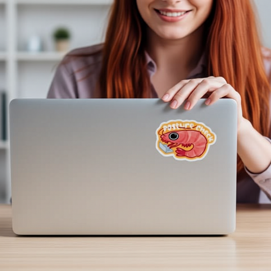 Person with a laptop featuring a colorful sticker on a blurred indoor background