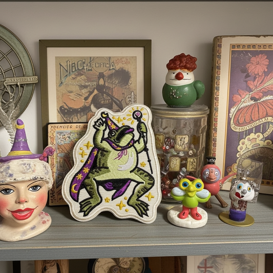 Vintage-style shelf with decorative items including a colorful frog patch and framed posters.