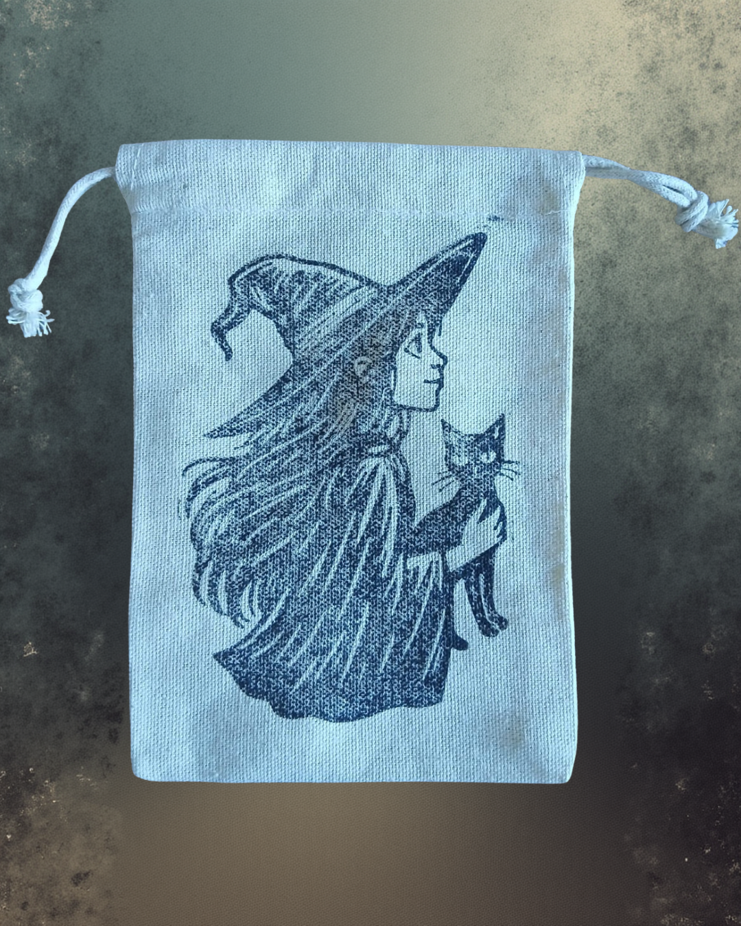 Hand-Printed Witch and Cat Dice Bag