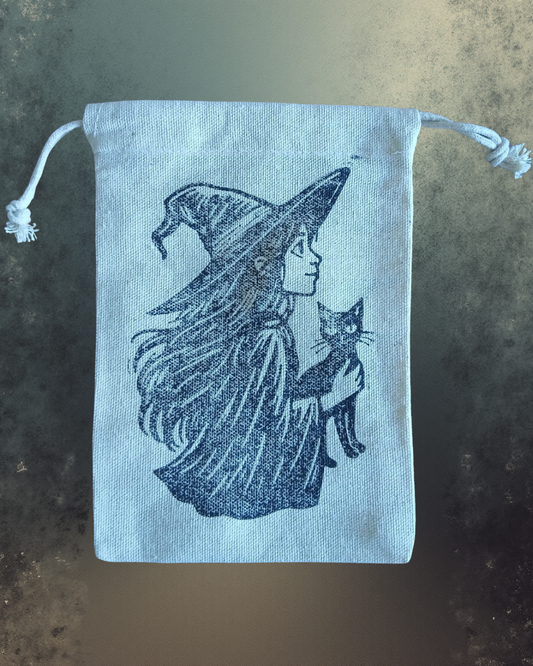 Hand-Printed Witch and Cat Dice Bag
